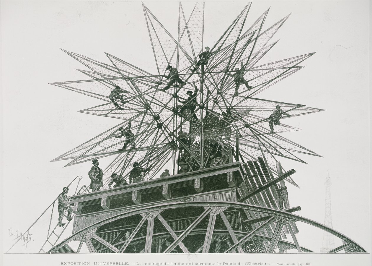 Universel udstilling af 1900: Installation af stjernen på toppen af Palace of Electricity (gravering) af Henri Lanos