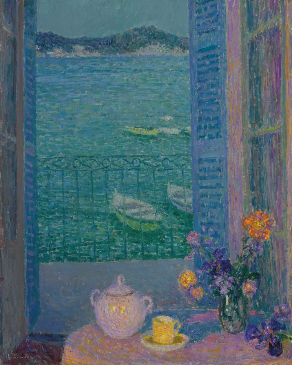 Flot blomster ved vinduet, Villefranche-sur-Mer, 1928 af Henri Le Sidaner