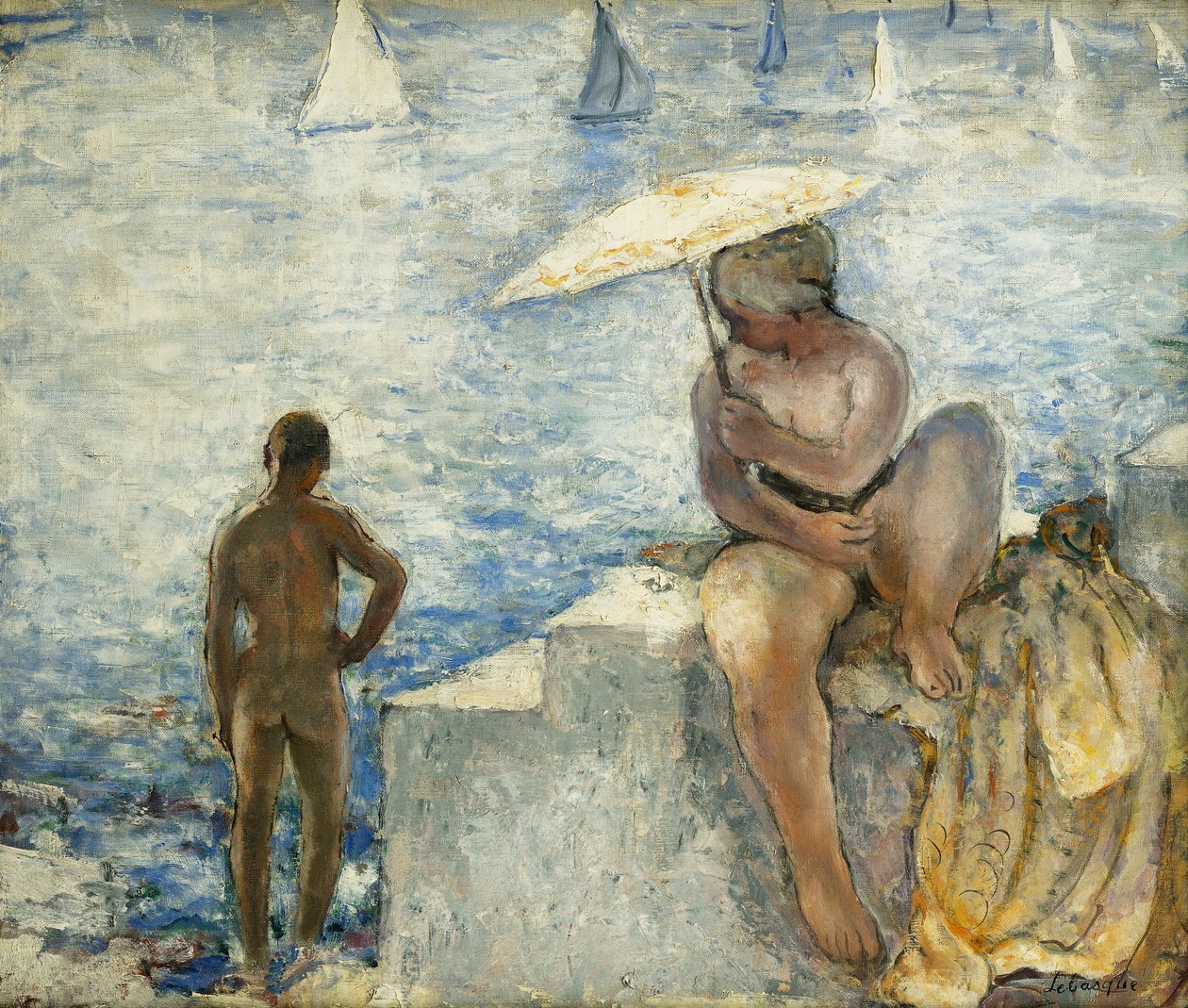 En ung svømmer med en parasol; Den unge badegæst med en parasol, ca. 1925-1930 af Henri Lebasque