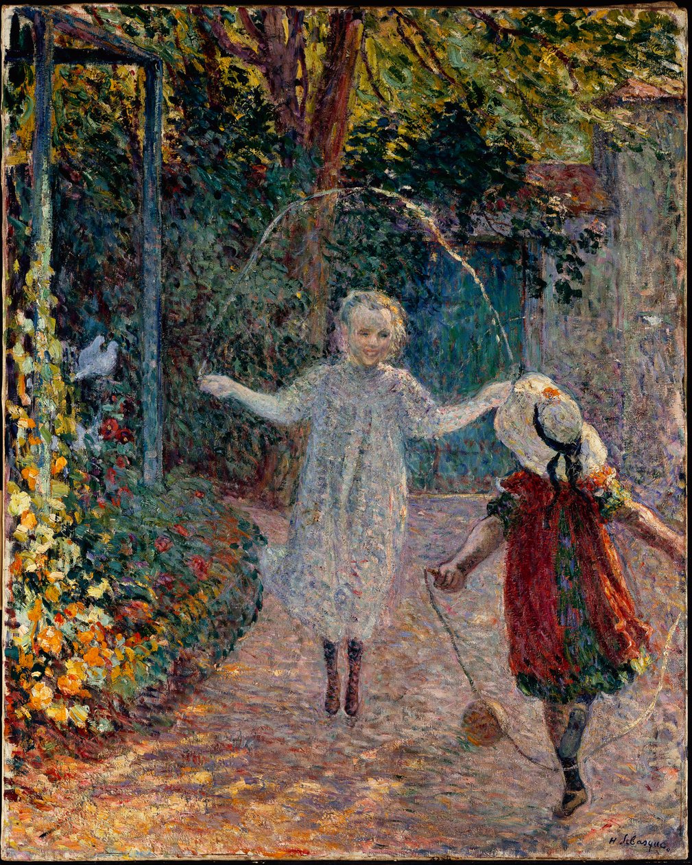 Børn hopper i reb i haven. af Henri Lebasque