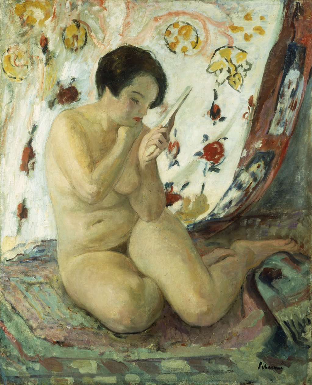 Nøgen sad med et spejl; Nu Assis au Miroir, 1925-1930 af Henri Lebasque