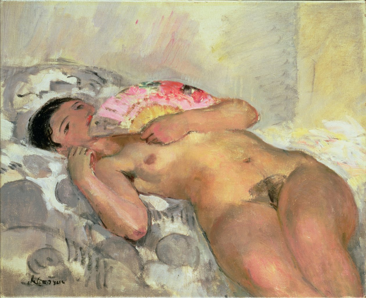 Nøgen kvinde med en fan af Henri Lebasque