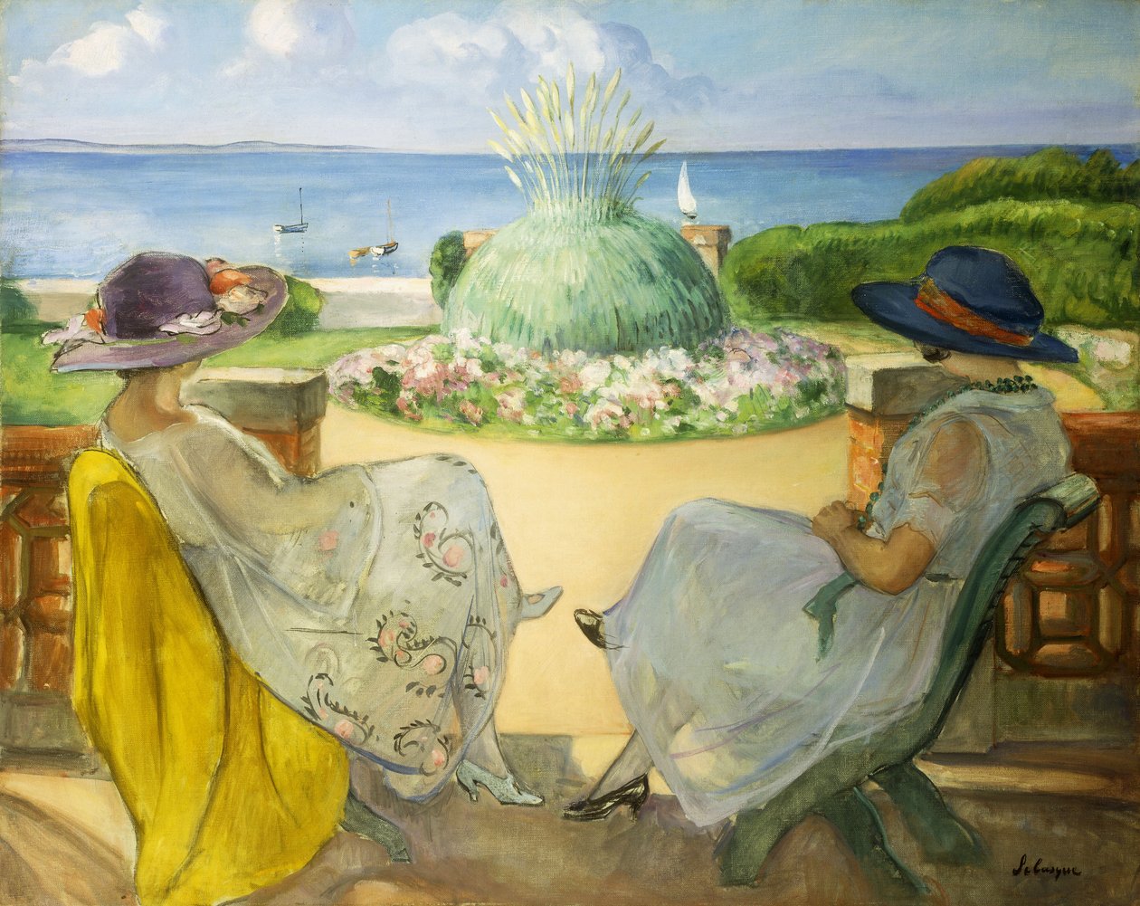 To unge kvinder på en terrasse ved havet; To unge piger på en terrasse mod havet, 1922 af Henri Lebasque