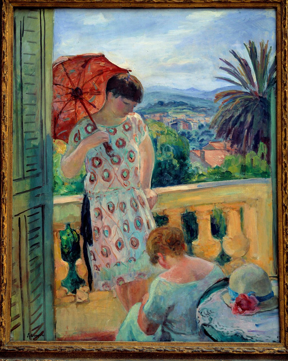 To kvinder på en balkon eller på balkonen med udsigt til Esterel. Maleri af Henri Lebasque (1865-1937) 1925-1926, olie på lærred, 92,5 × 65 cm. Lyon, musee des Beaux Arts - To kvinder på en balkon eller balkon med udsigt til Esterel. Maleri Henri Lebas af Henri Lebasque