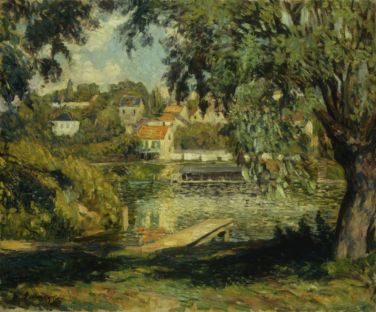 Landsby ved bredden af floden; Village au Bord de la Riviere, ca. 1900 af Henri Lebasque