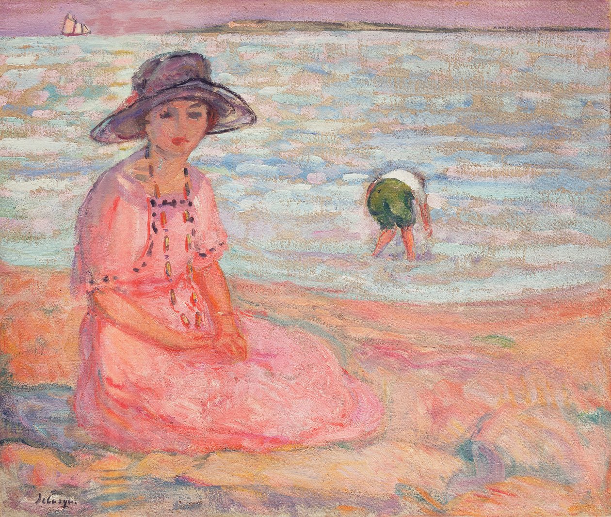 Kvinde i den lyserøde kjole ved havet; Femme a la Robe Rose au bord de la Mer, c.1920 af Henri Lebasque