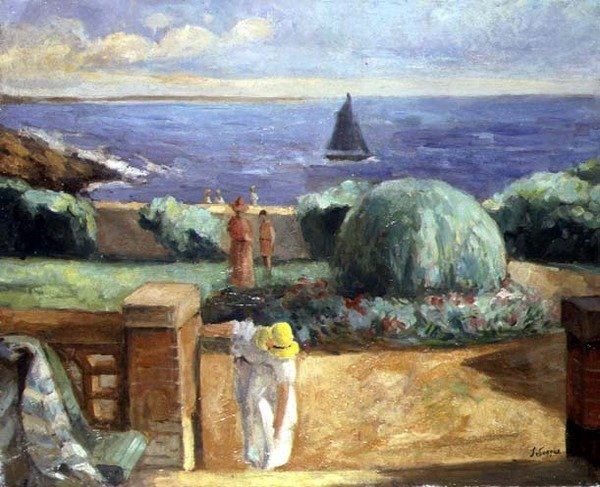 Kvinde på terrassen ved Prefailles af Henri Lebasque
