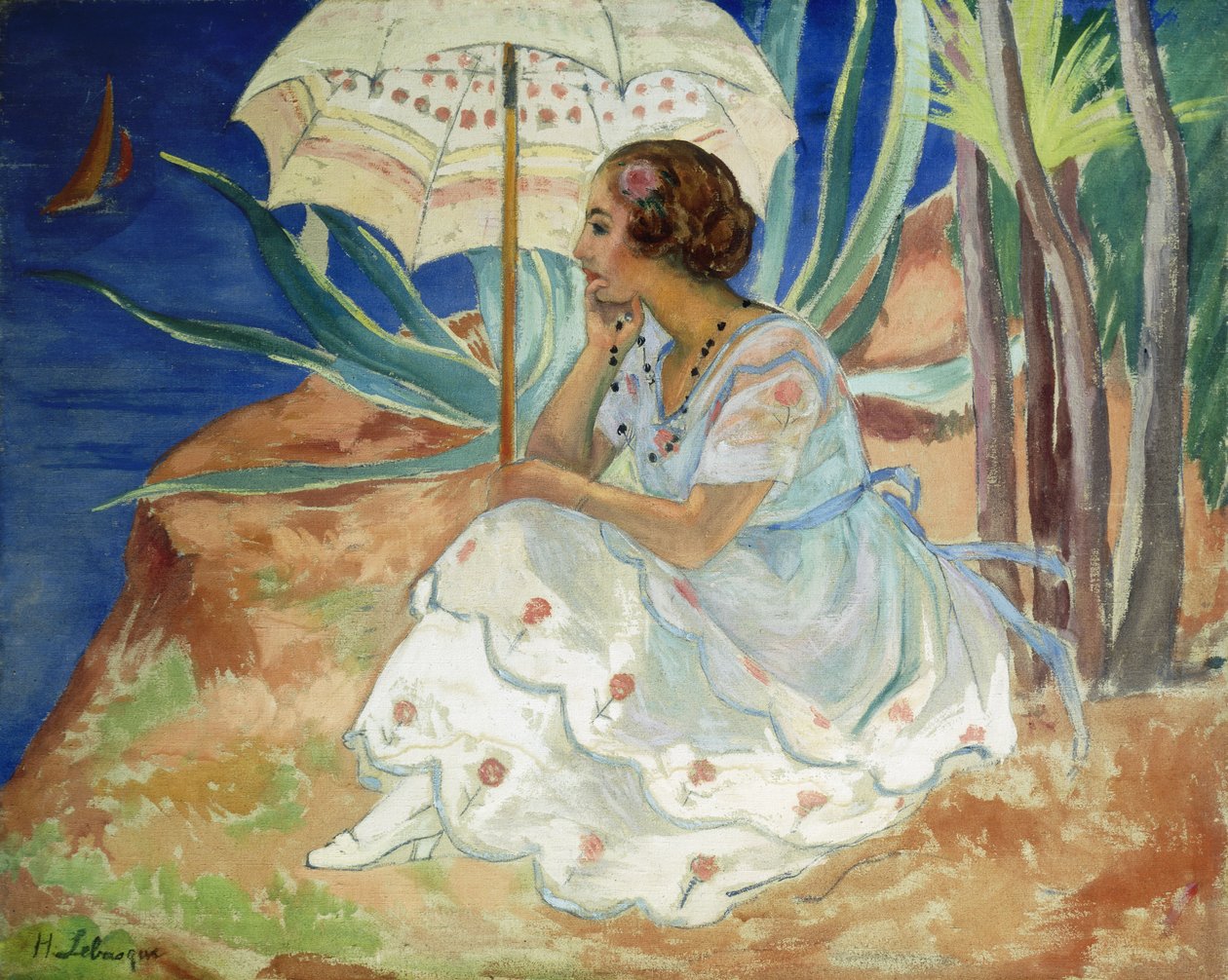 Ung kvinde med en paraply, Saint Maxime; Ung pige med en Saint-Maxime-parasol, ca. 1918 af Henri Lebasque