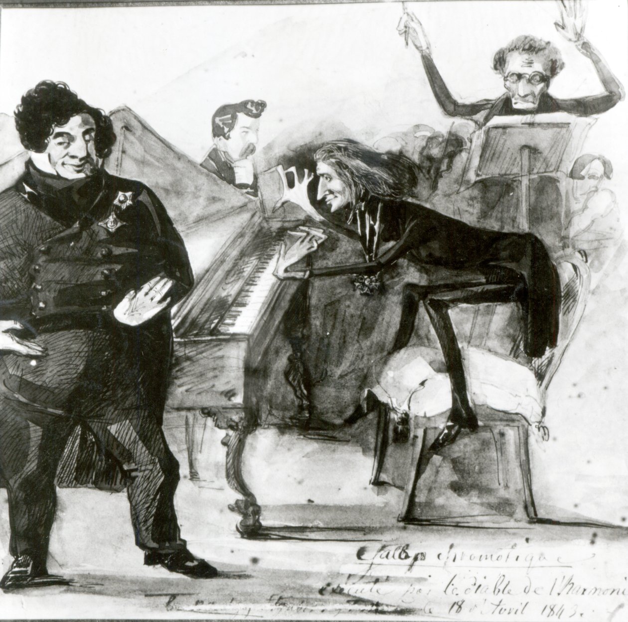 Galop Chromatique Karikatur af Luigi Lablache, Franz Liszt (1811-86) ved klaveret og Francois Habeneck af Henri Lehmann