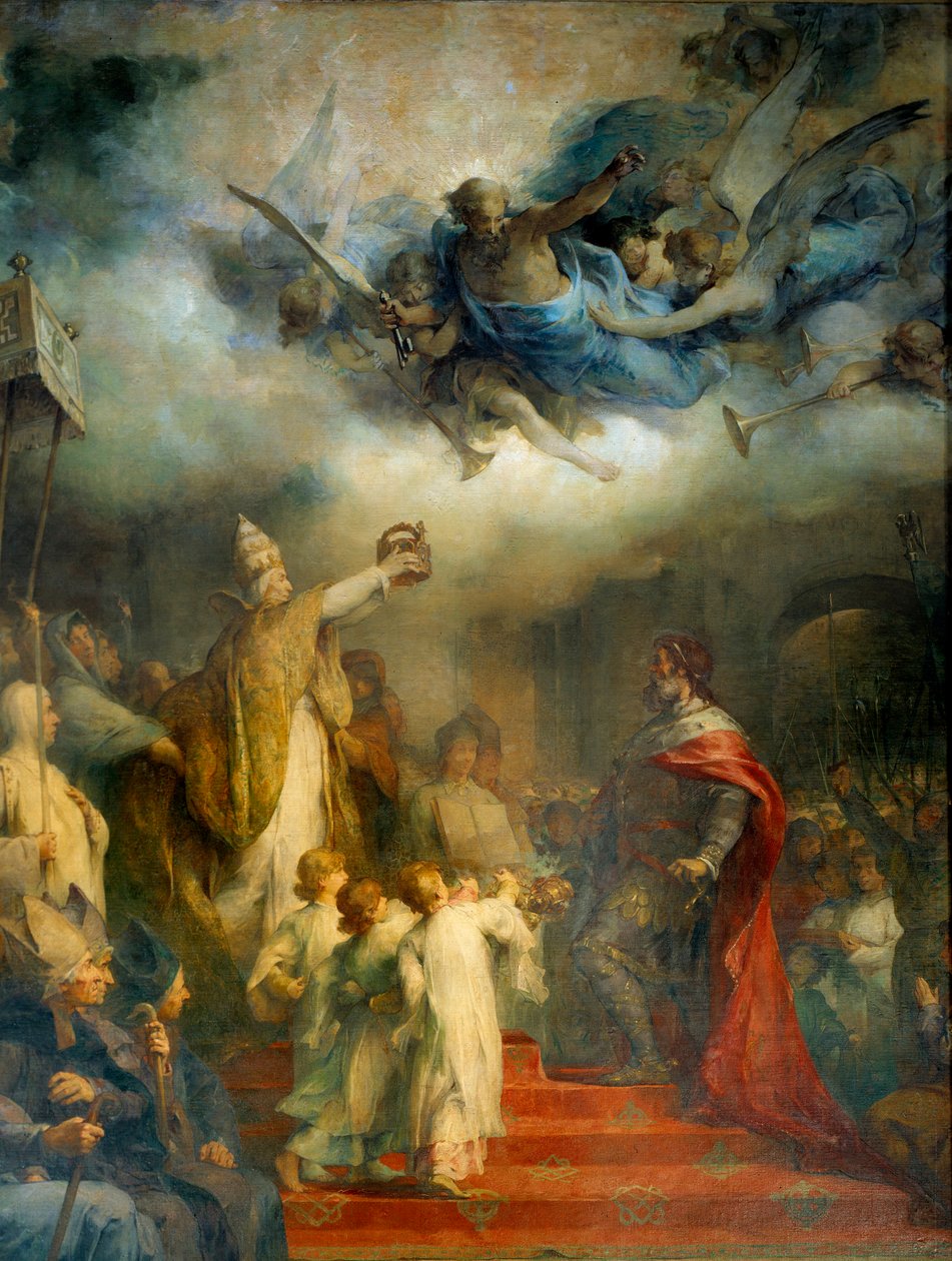 Pave Leon III kroner Karl den Store til kejser af Vesten ved Sankt Peter af Rom i år otte hundrede juledag. Maleri af Henry Leopold Levy (1840-1904) af Henri Leopold Levy