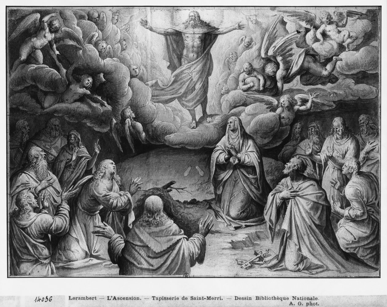 Kristi liv, Kristi himmelfart, forberedende studie til tapettegning til kirken Saint-Merri i Paris, ca.1585-90 (pierre noire und wash und white highlights on paper) af Henri Lerambert