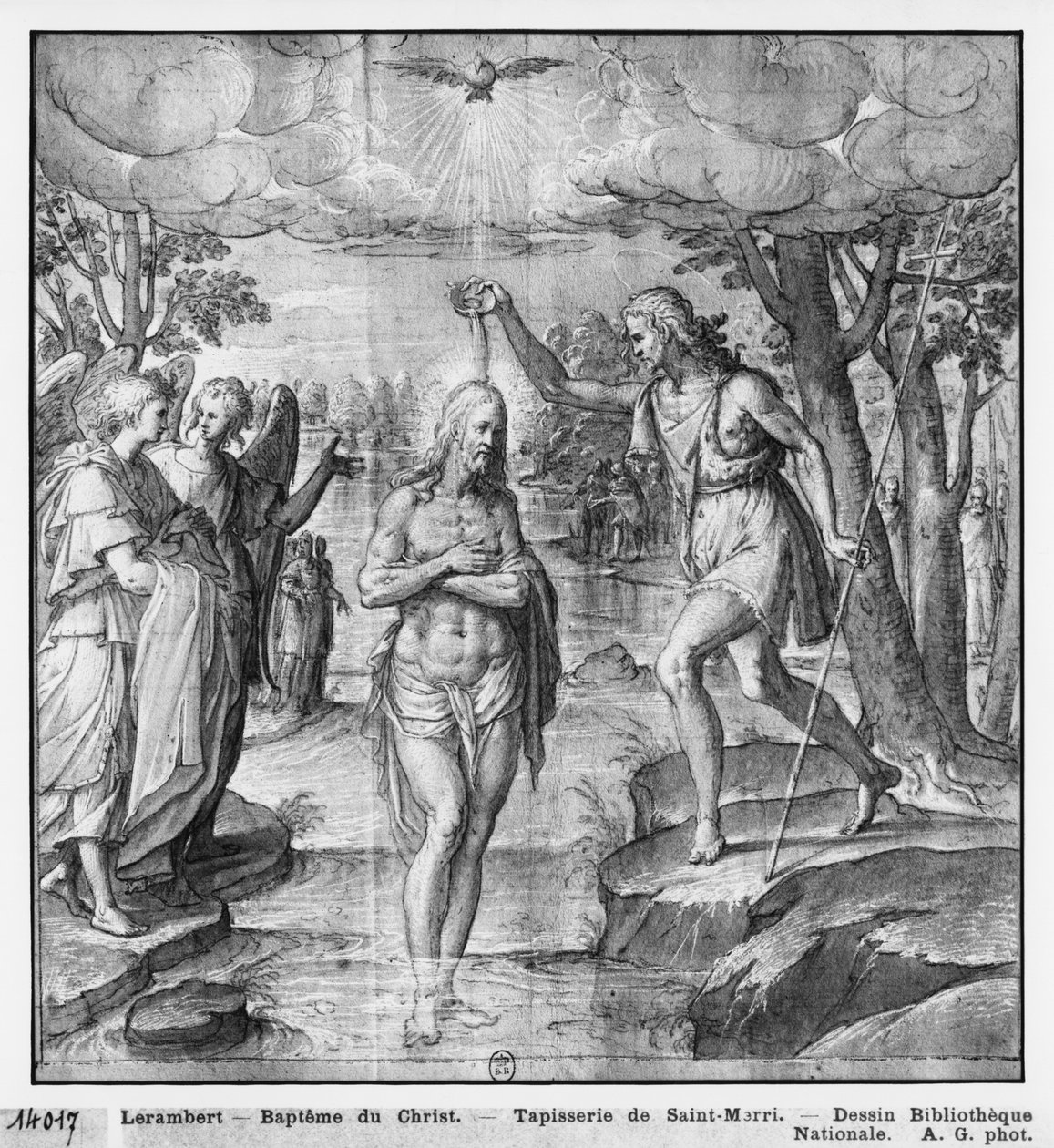 Life of Christ, Baptism of Christ, forberedende studie af billedtæppetegneserie til Saint-Merri-kirken i Paris, ca. 1585-90 (pierre noire und wash und white highlights on paper) af Henri Lerambert
