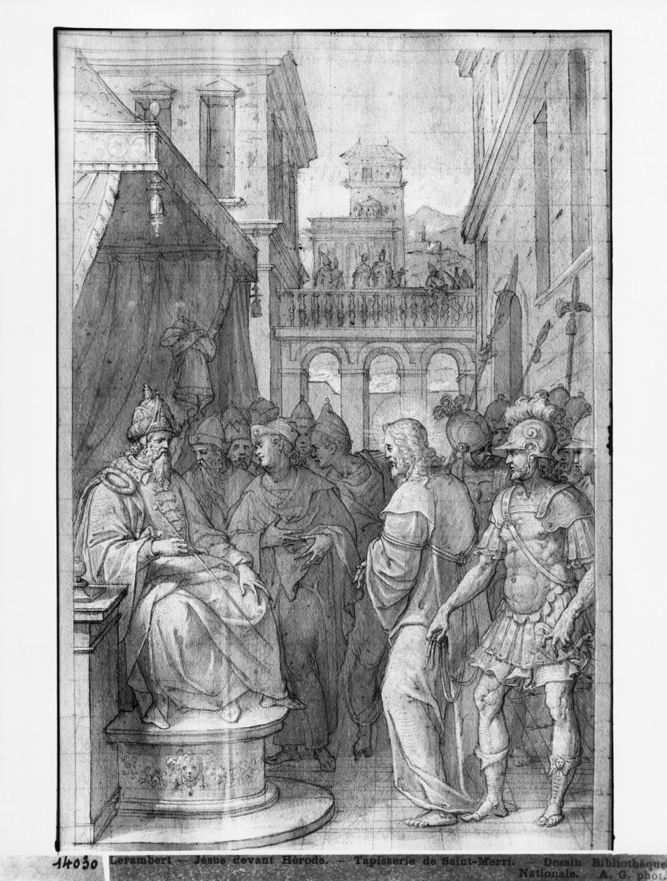 Livet om Kristus, Kristus før Herodes, forberedende studie af billedtæppe tegneserie for kirken Saint-Merri i Paris, ca. 1585-90 (pierre noire und wash und hvide højlys på papir) af Henri Lerambert