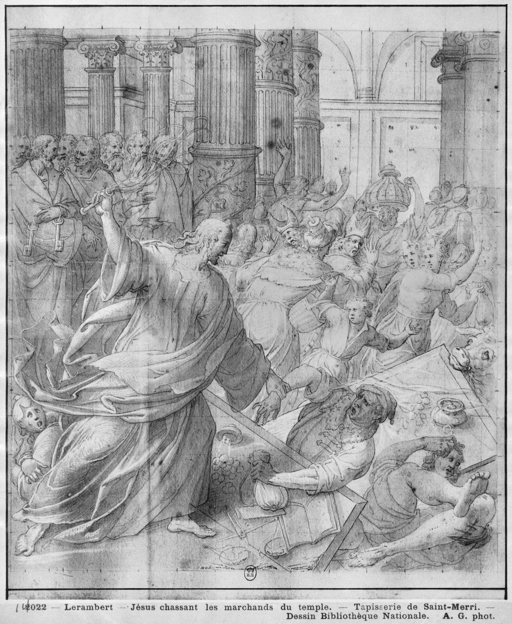 Kristi liv, Jesus, der jager købmændene fra templet, forberedende undersøgelse af billedtæppetegneserie til Saint-Merri-kirken i Paris, ca. 1585-90 (pierre noire und wash und hvide højlys på papir) af Henri Lerambert