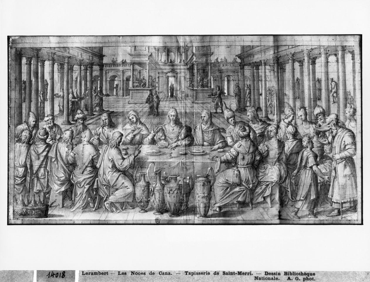 Kristi liv, ægteskab i Cana, forberedende studie af billedtæppetegneserie til Saint-Merri-kirken i Paris, ca. 1585-90 (pierre noire und wash und white highlights on paper) af Henri Lerambert