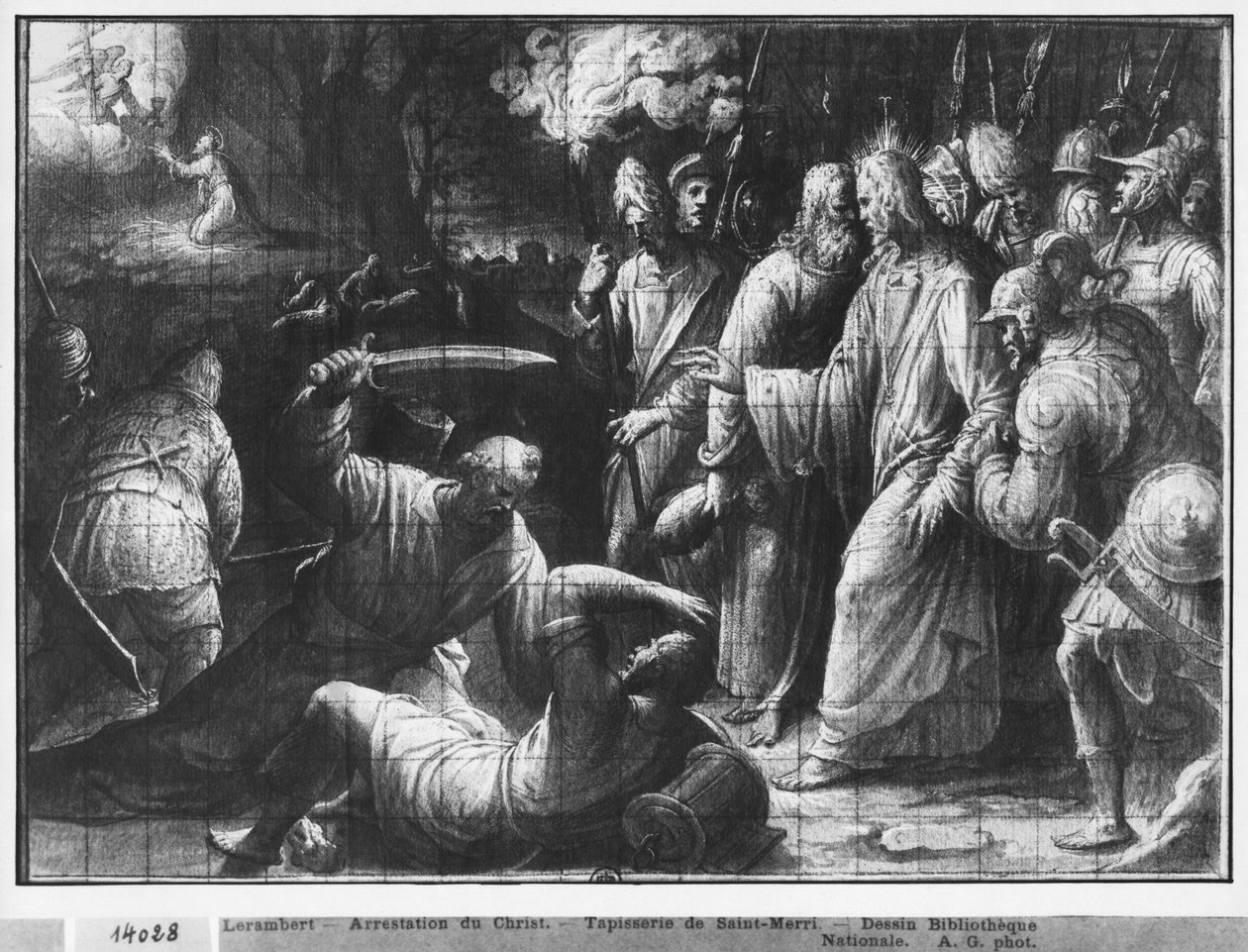 Life of Christ, the Arrest of Christ, forberedende studie af billedtæppetegneserie til Saint-Merri-kirken i Paris, ca. 1585-90 (pierre noire und wash und white highlights on paper) af Henri Lerambert