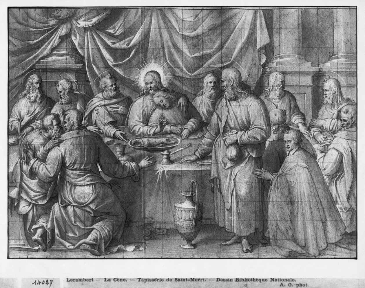 Livet om Kristus, den sidste nadver, forberedende undersøgelse af billedtæppe tegneserie for kirken Saint-Merri i Paris, ca. 1585-90 (pierre noire und wash und hvide højlys på papir) af Henri Lerambert