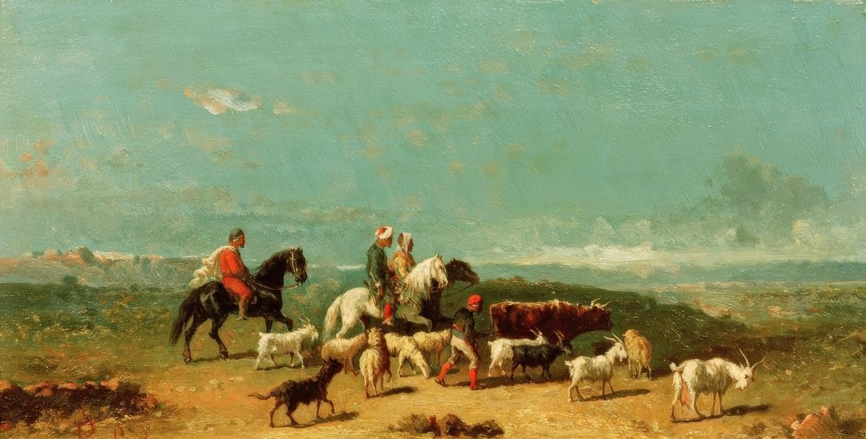 Arabisk gruppe af ryttere med en gedehyrde i brede Lan af Henri Lucien Robert