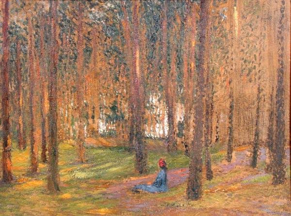 A Walker Sitting in the Woods, ca. 1890 (olie om bord) af Henri Martin