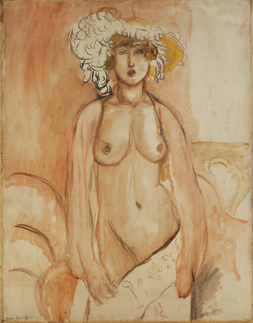 Antoinette Standing, Torso Bared, Wearing a Feather Hat, ca. 1918 (olie på lærred) af Henri Matisse