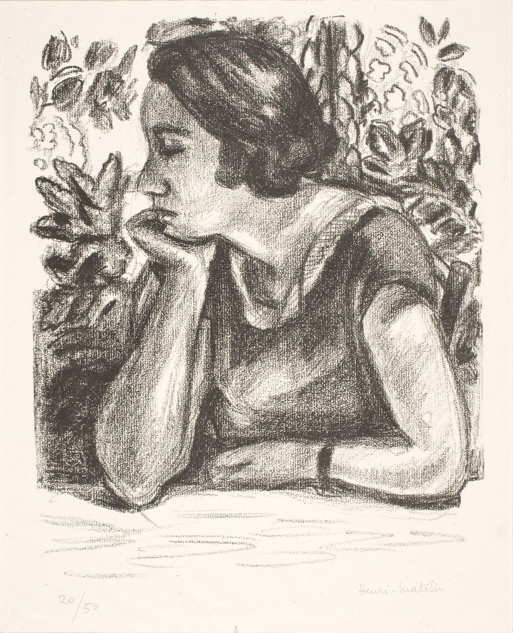 Brystbillede af en dame med hagen hvilende på højre hånd af Henri Matisse