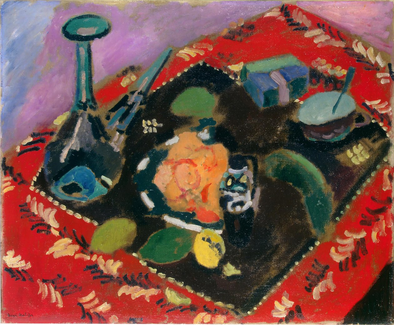 Retter og frugt på et rødt og sort tæppe (Le Tapis Rouge) af Henri Matisse