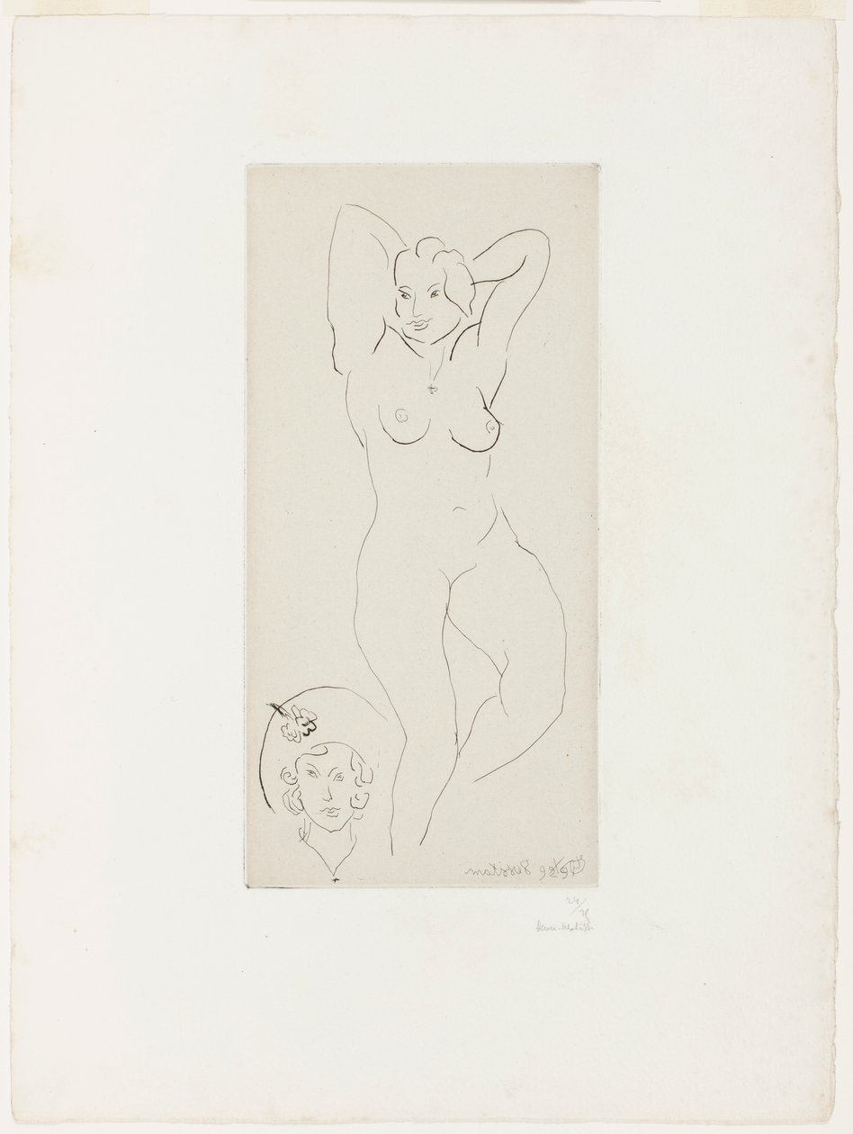 Kvindelig nøgenfigur med løftede arme og kvindehoved af Henri Matisse