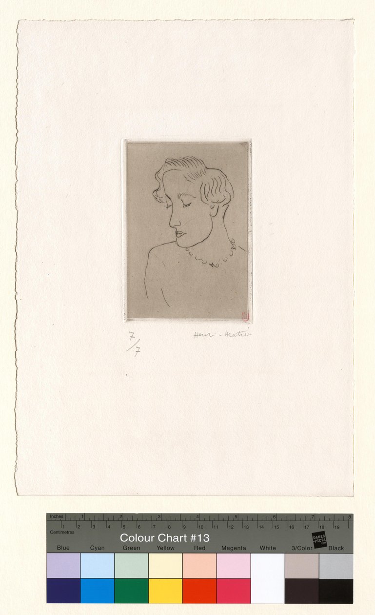 Kvinde med nedadvendte øjne, set i 3/4-profil til venstre af Henri Matisse
