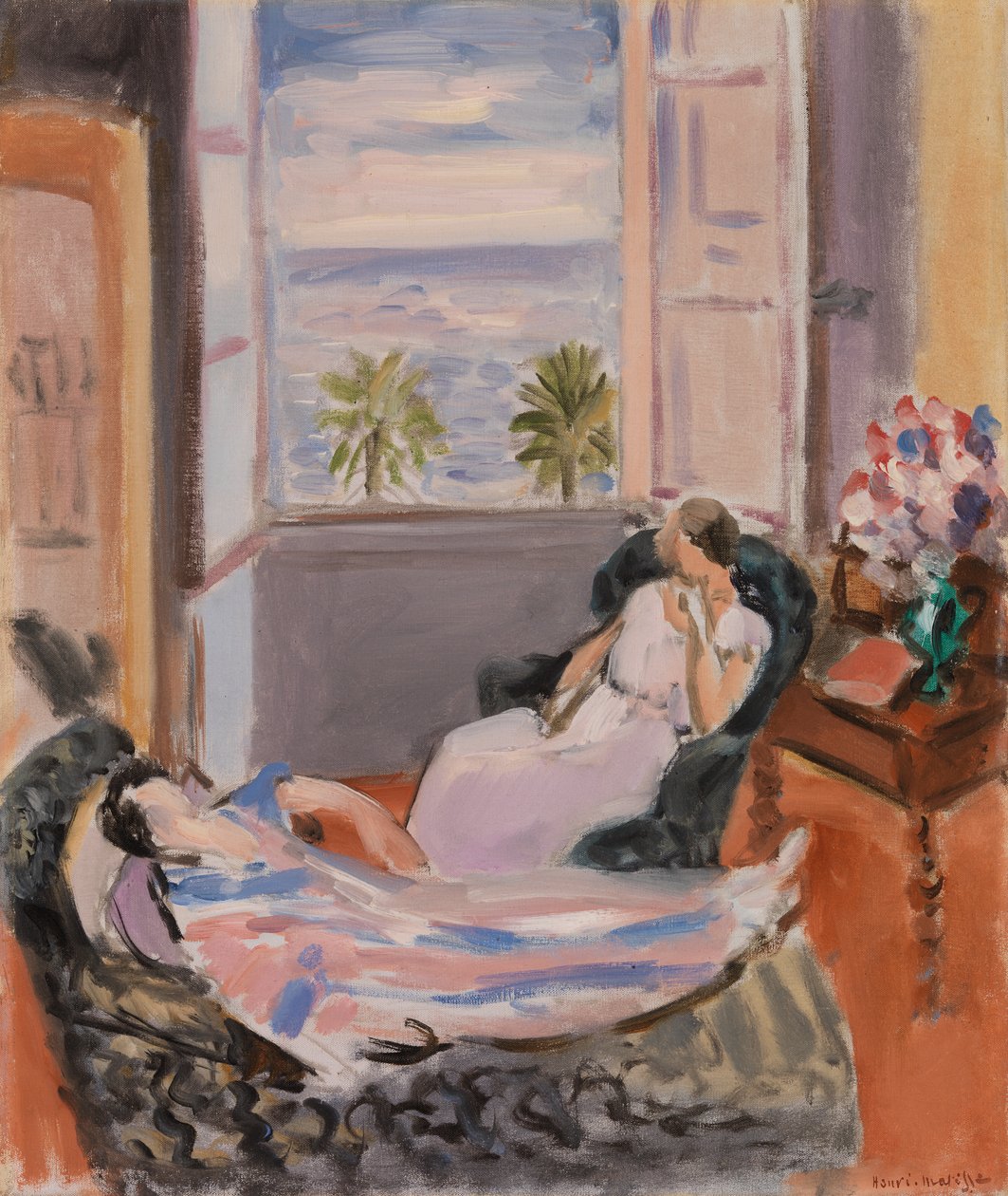 Interiør med to figurer, åbent vindue af Henri Matisse