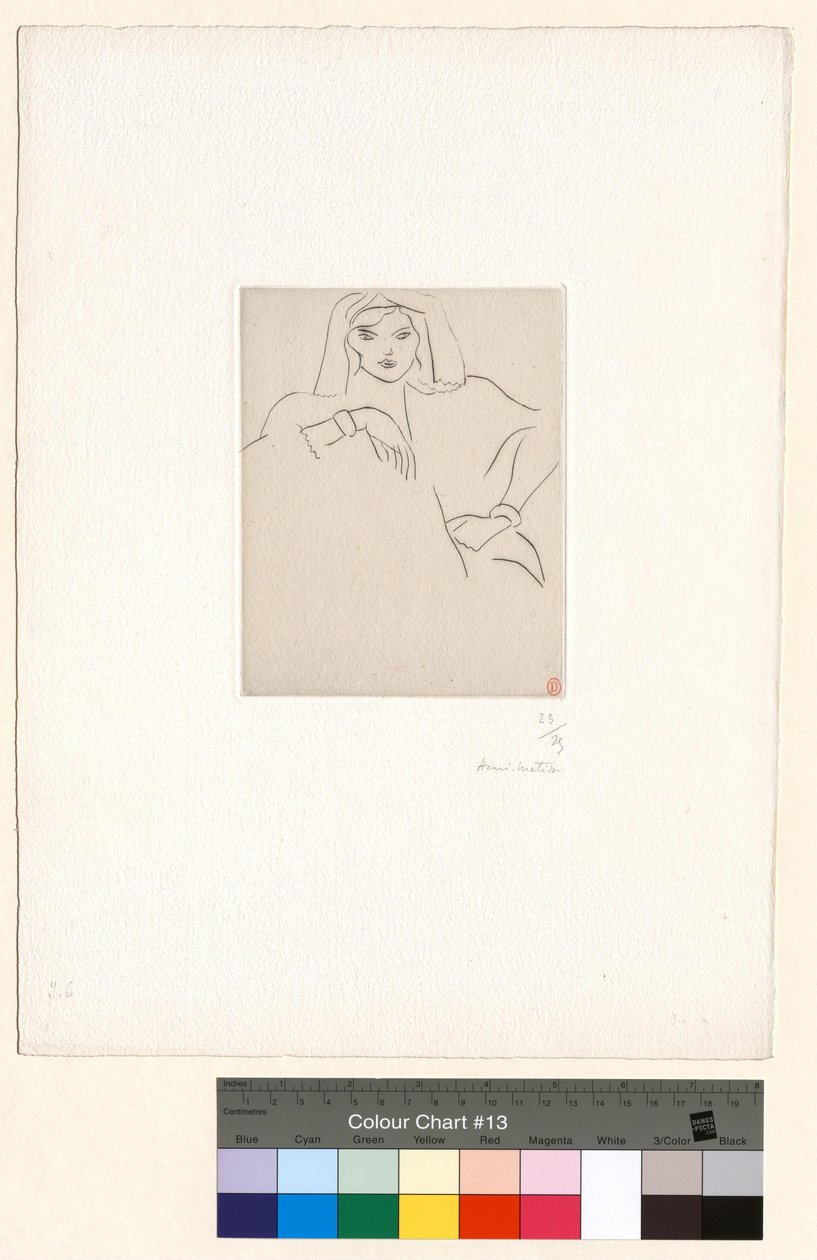 Ung kvinde med armene støttet på bordet, med et tørklæde om hovedet af Henri Matisse