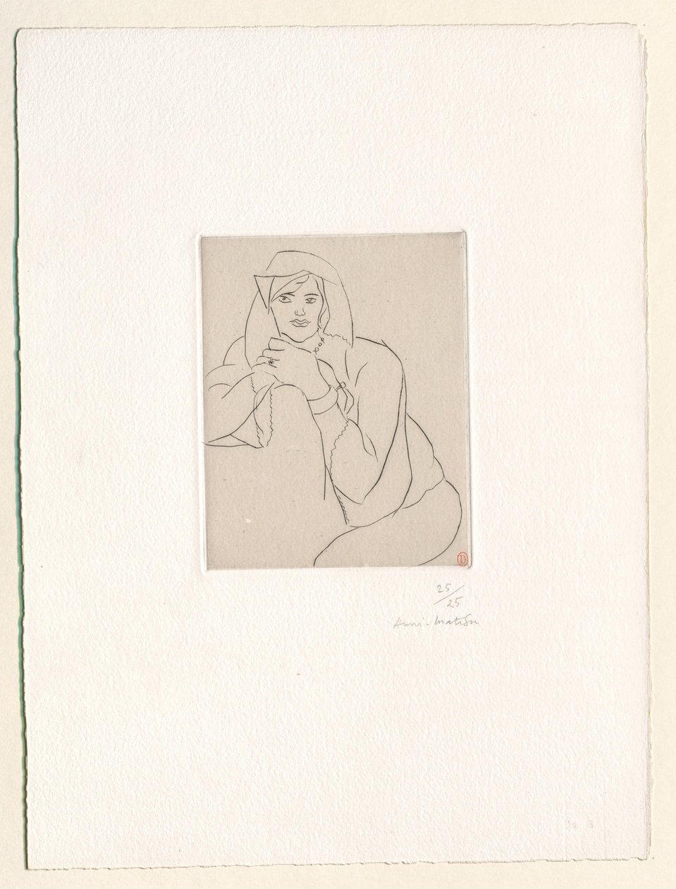 Ung kvinde med hænderne foldet på ryglænet af et møbel af Henri Matisse