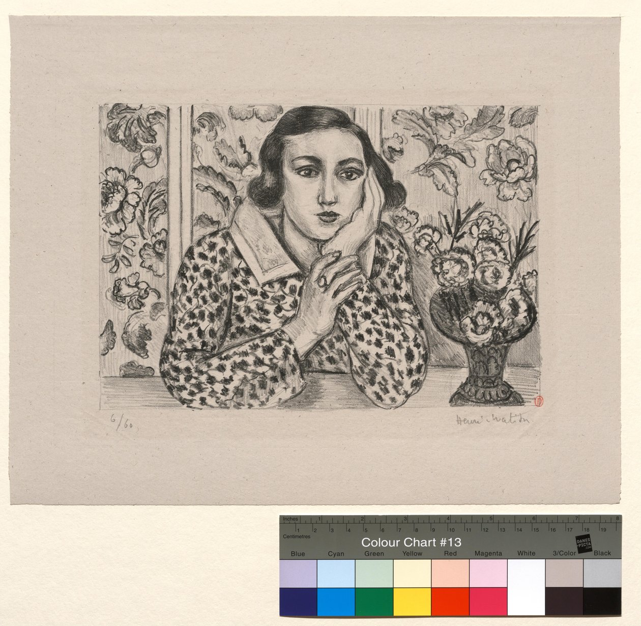 Pige, der læner sig mod skærmen: pige med en buket blomster af Henri Matisse