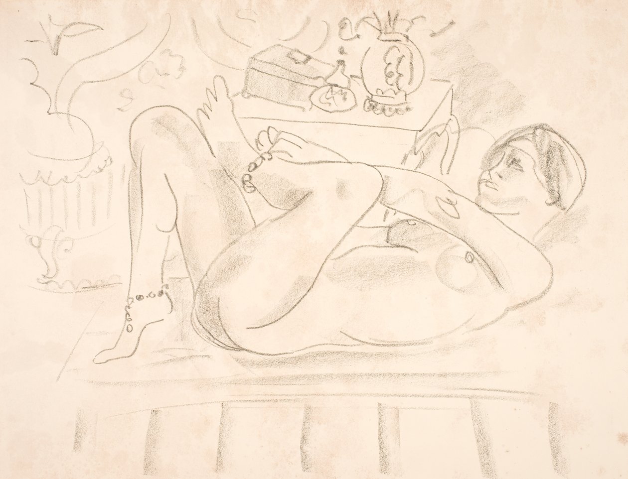 Nøgen kvinde, liggende på ryggen og med perlekæder om anklerne (odalisque) af Henri Matisse