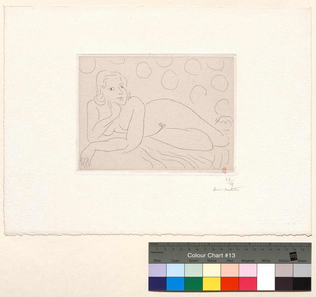 Liggende nøgenfigur på baggrund med cirkulære mønstre af Henri Matisse