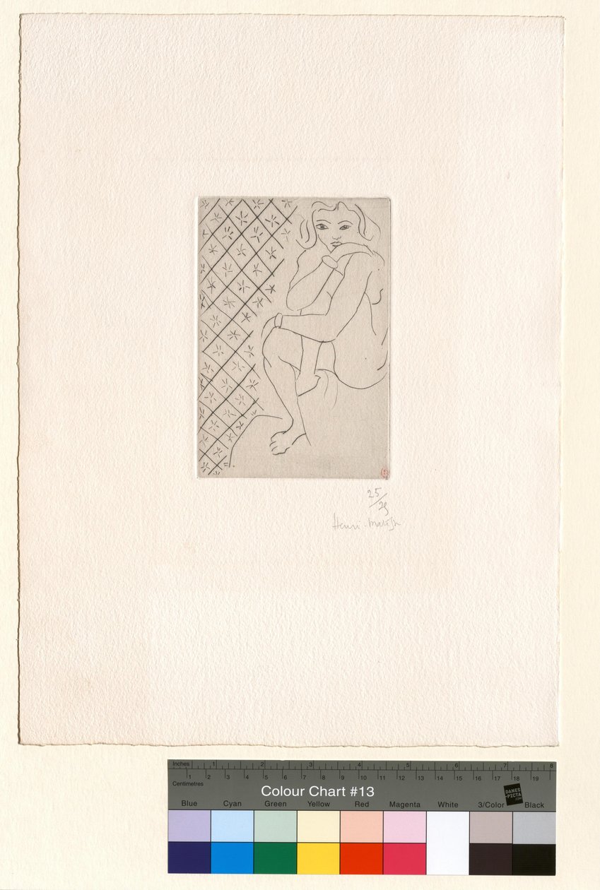 Siddende nøgenmodel, baggrund med stjerneformede fliser af Henri Matisse