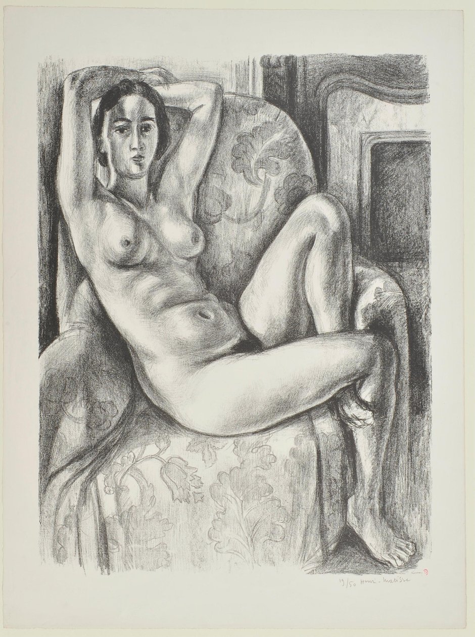 Nøgen med blå pude ved siden af en pejs af Henri Matisse