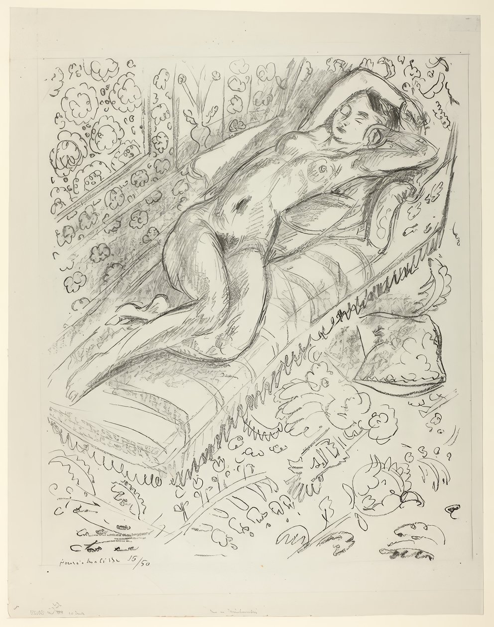 Nøgen hviler på en chaiselong med mashrabiya-baggrund af Henri Matisse