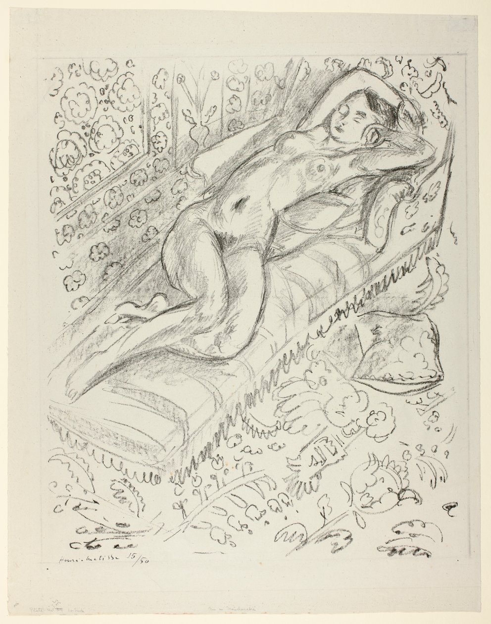Hvilende nøgen på en chaiselong med mashrabiya-baggrund af Henri Matisse