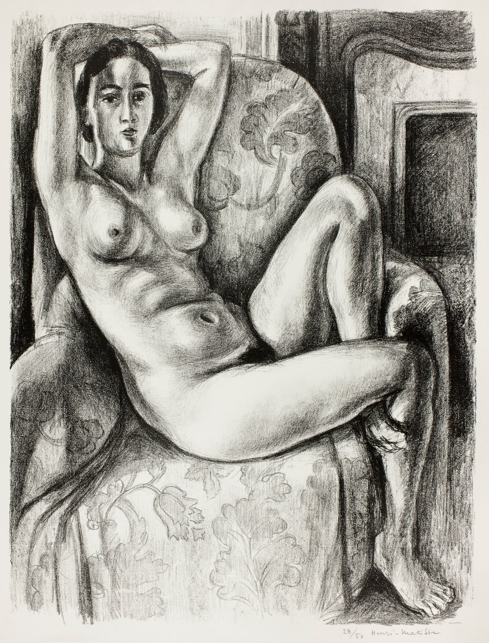 Nøgenmodel med blå pude ved en pejs af Henri Matisse