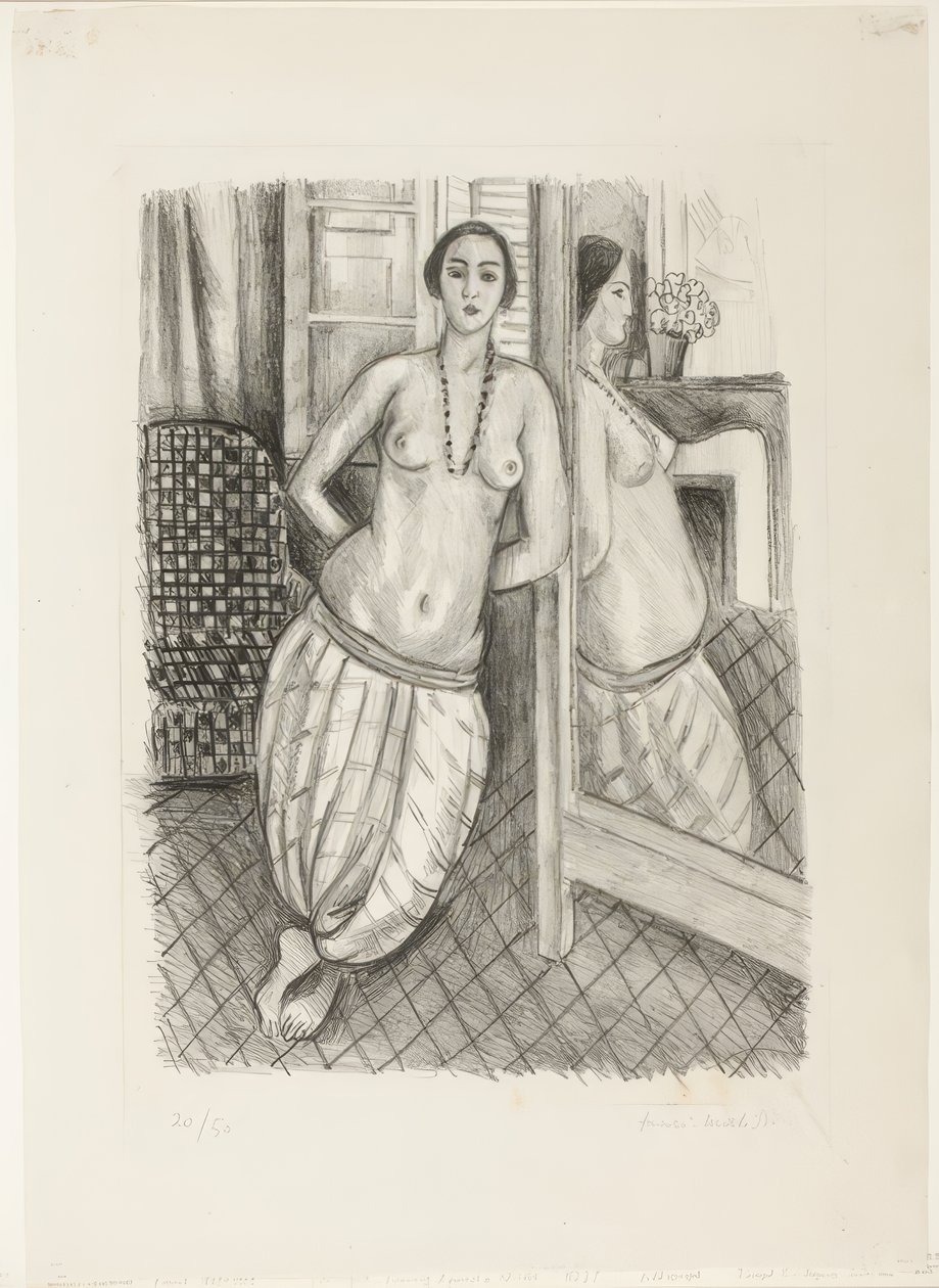 Odalisken i stribede bukser, afspejlet i spejlet af Henri Matisse