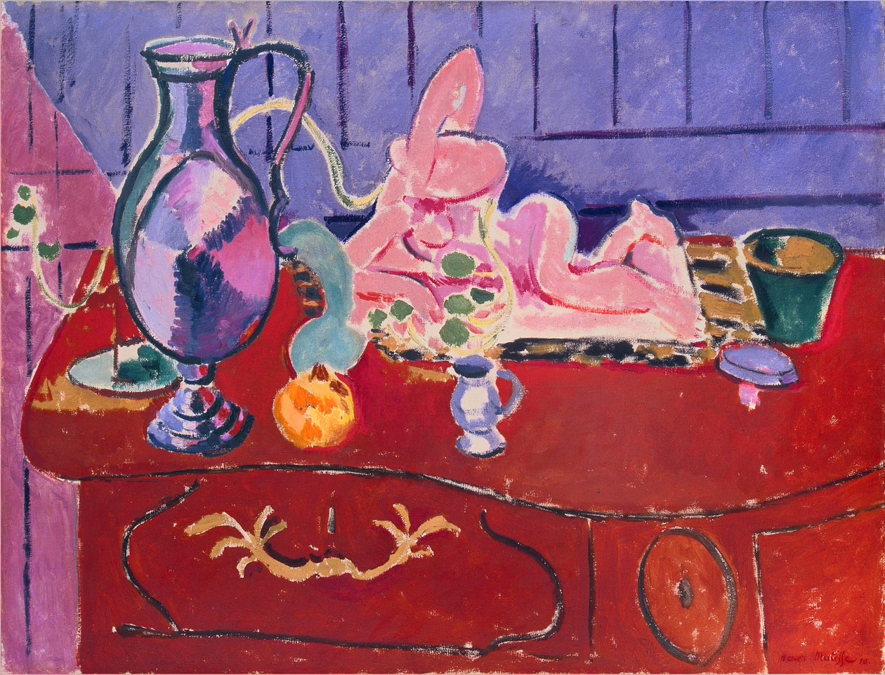 Pink statuette og kande på en rød kommode af Henri Matisse