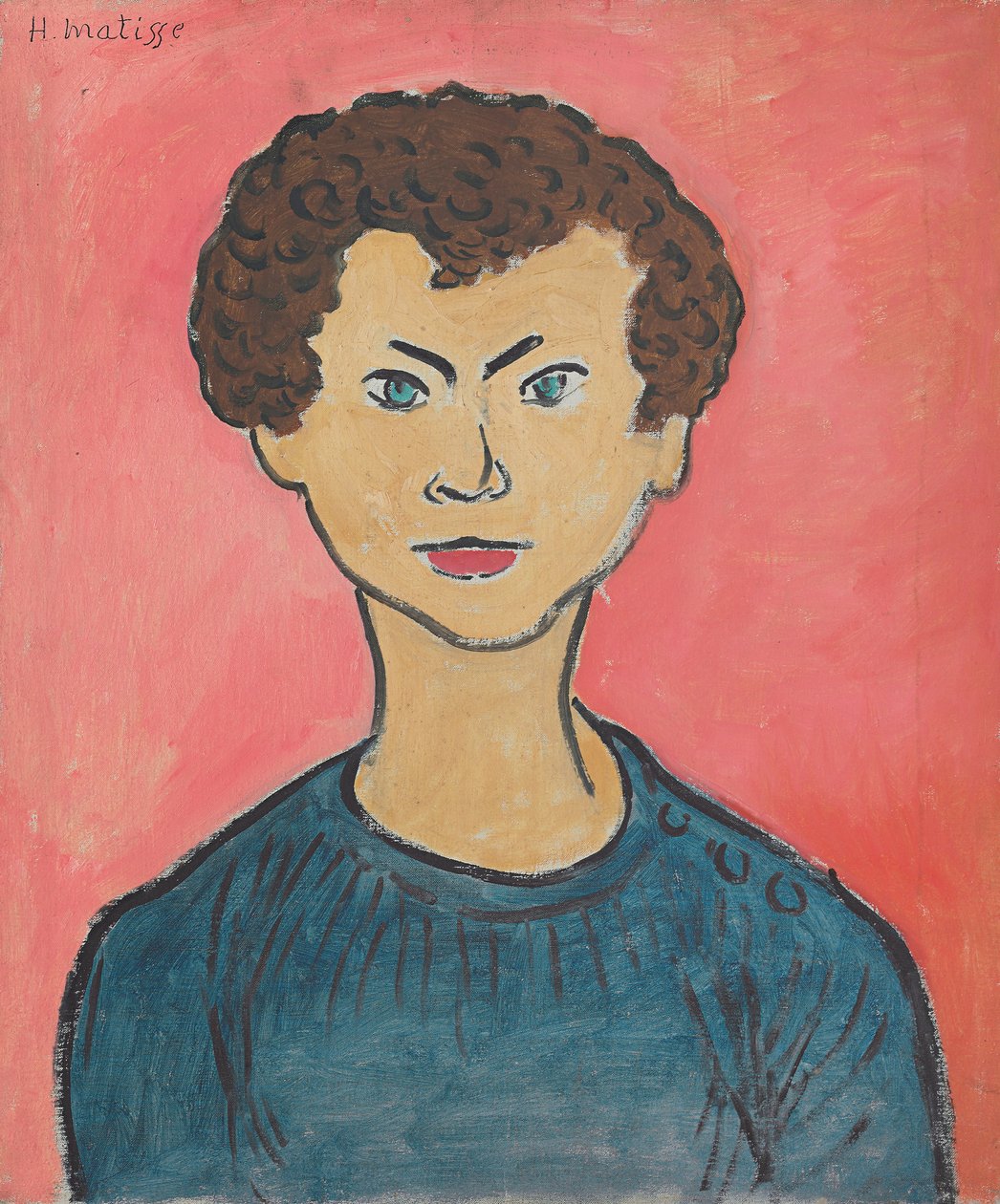 Portræt med krøllet hår, marineblå sweater af Henri Matisse