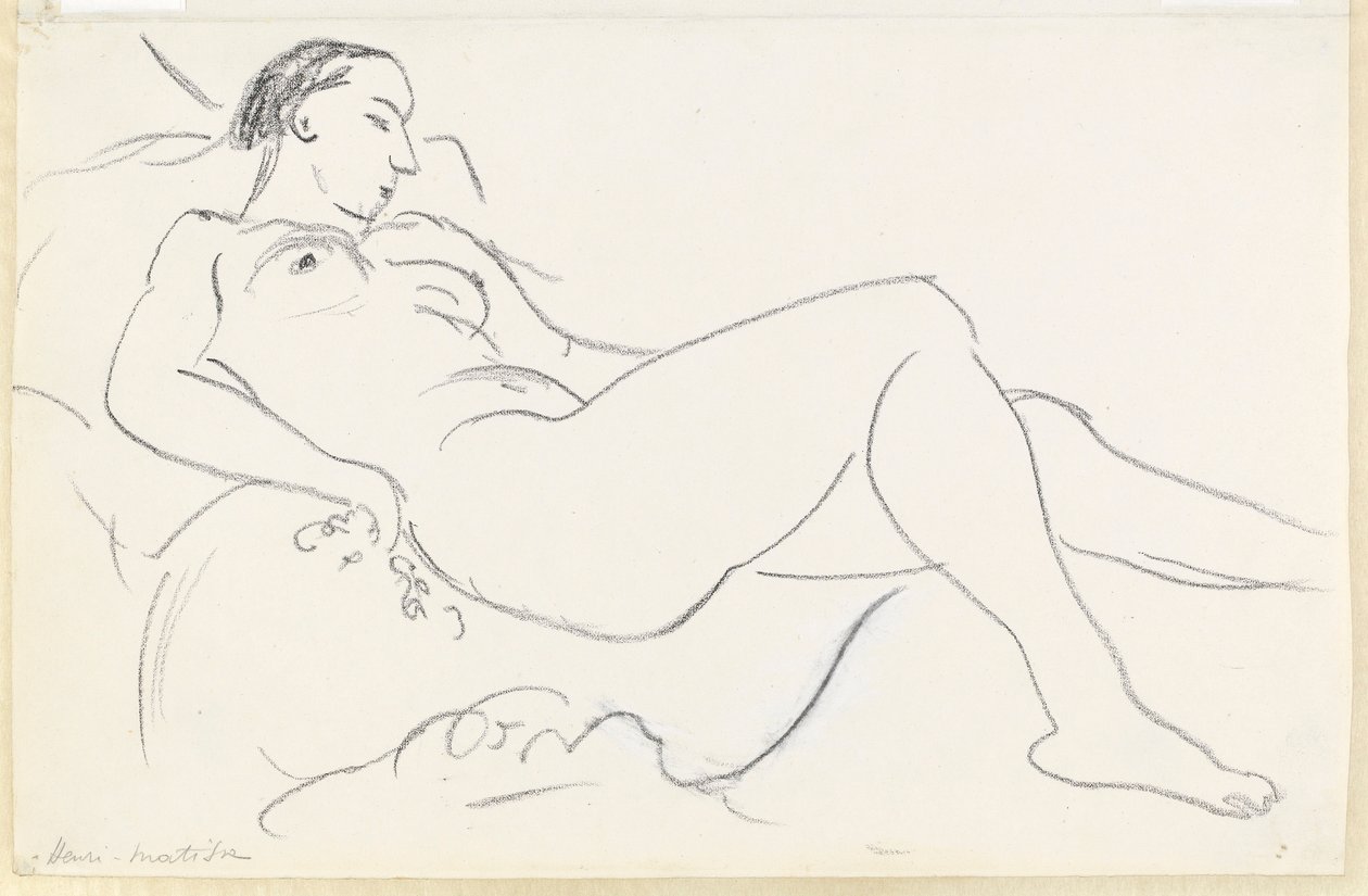 Liggende kvindelig nøgen (sort/hvid kridt på papir) af Henri Matisse