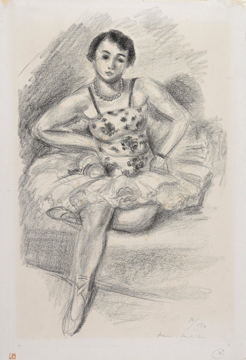 Siddende danser med venstre ben foldet ind under sig af Henri Matisse