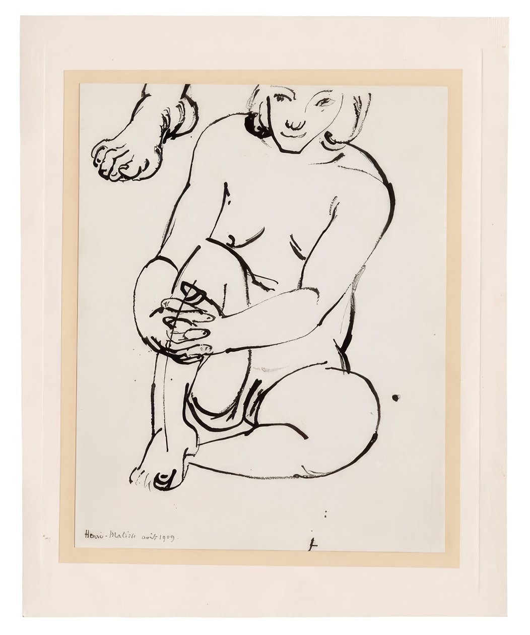 Siddende kvindelig nøgenmodel, der holder et knæ, med skitse af en fod af Henri Matisse