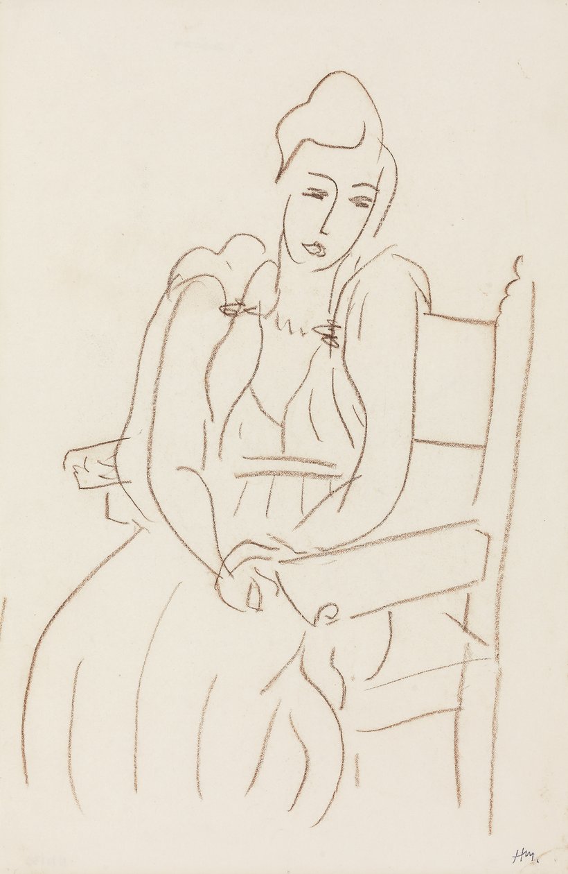 Siddende kvinde (brunt vokskridt på papir) af Henri Matisse