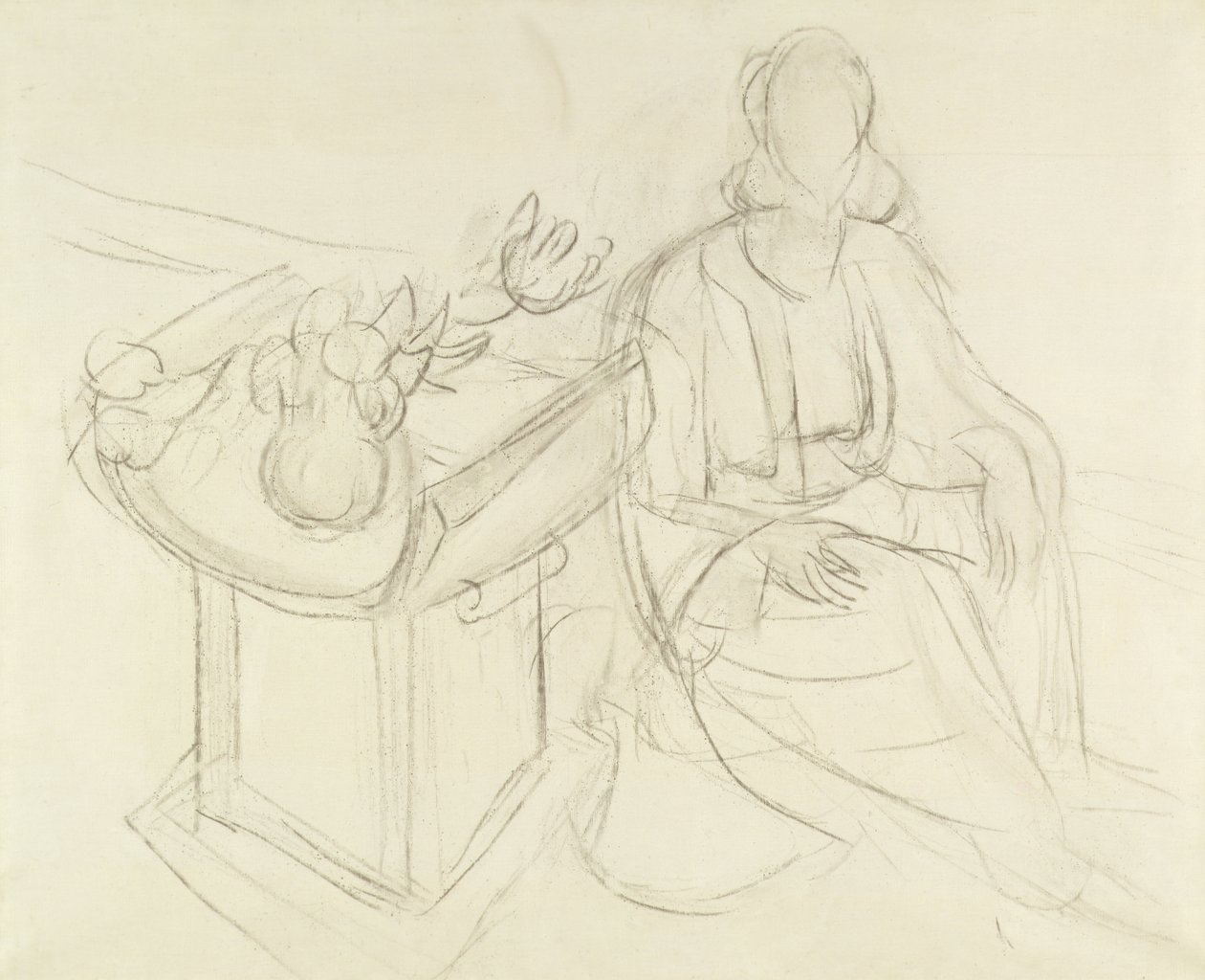 Siddende kvinde - Stilleben med blomster på et bord (kul på lærred) af Henri Matisse