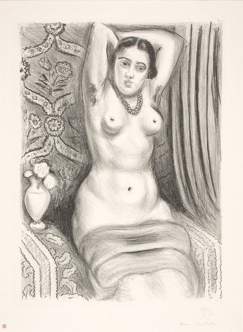 Siddende, kvindelig nøgenmodel med armene foldet bag ryggen (odalisque) af Henri Matisse