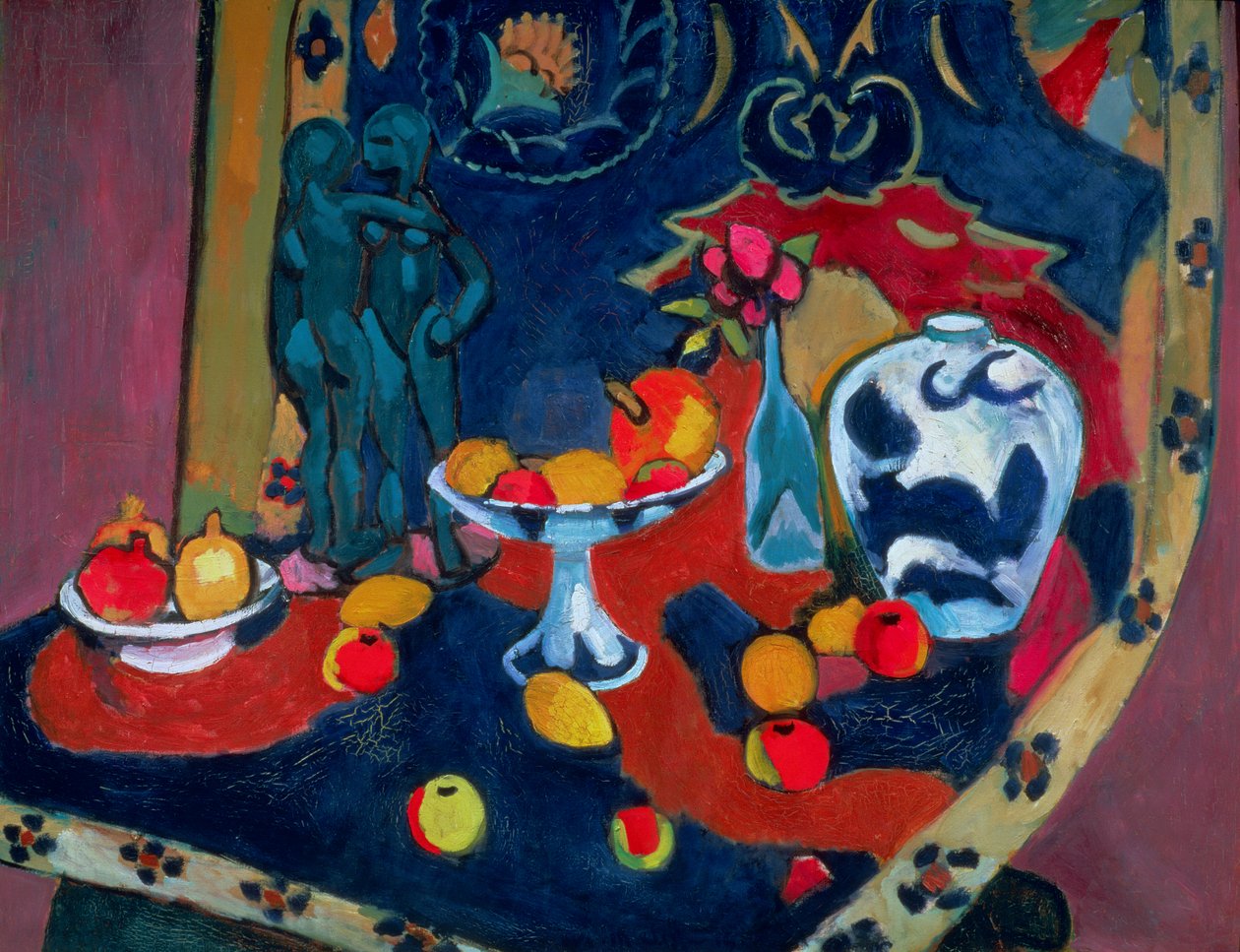 Stilleben med frugt og en bronzestatue af Henri Matisse
