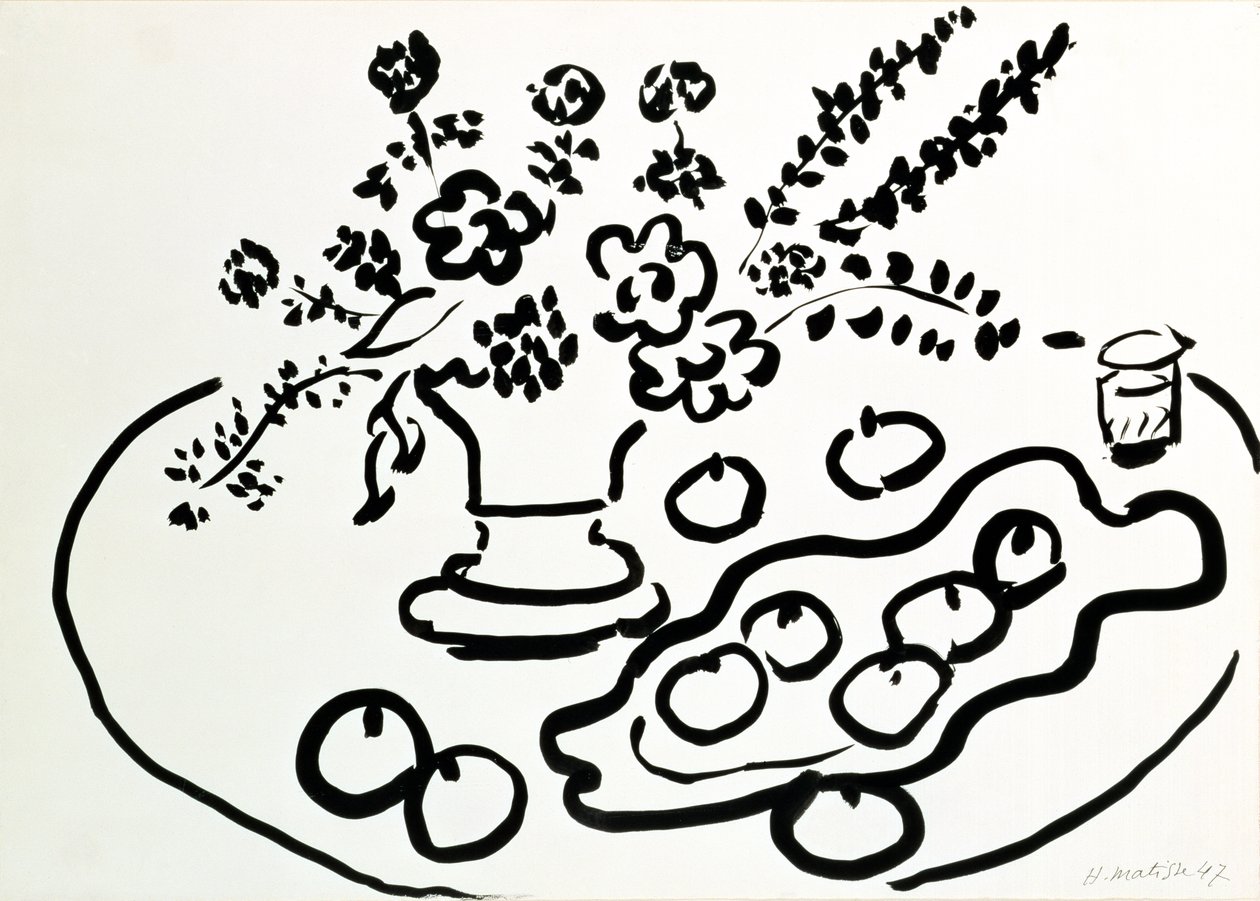 Stilleben med vase med blomster og tallerken med frugt af Henri Matisse